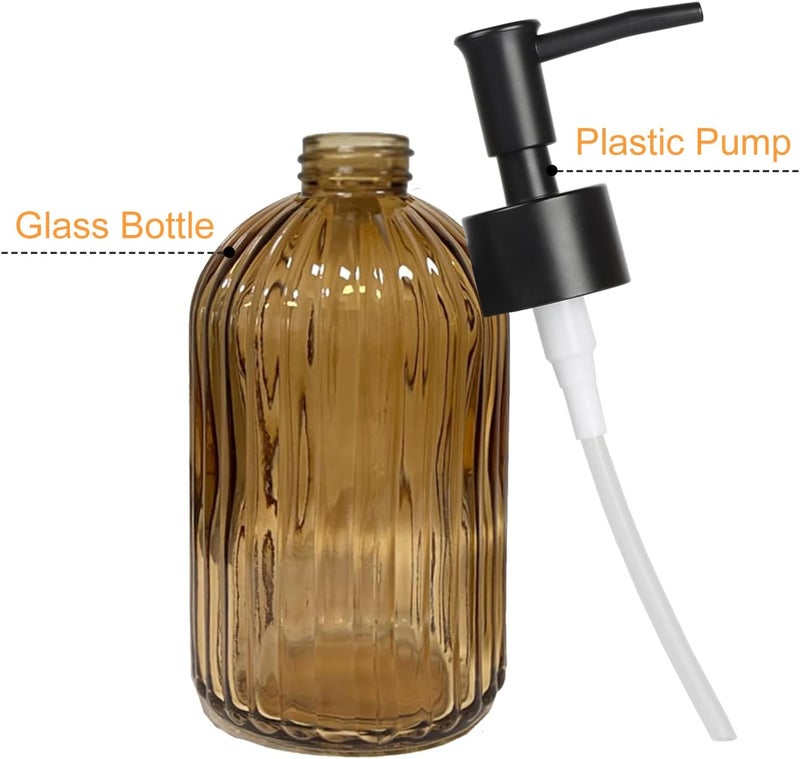 Guokanfly 14Oz Black Pump Glass Soap Dispenser, Brown Stripe Countertop Refillable Liquid Bottle Hand Dish Lotion Dispenser with Plastic Pump, for Kitchen, Bathroom - Image 2